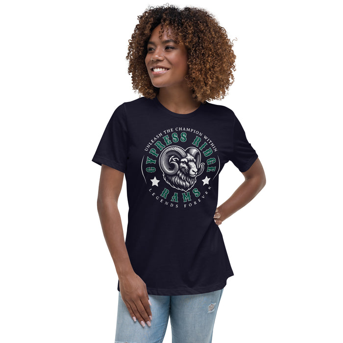 Woman wearing Cypress Ridge High School Rams Women's Navy T-shirt 214