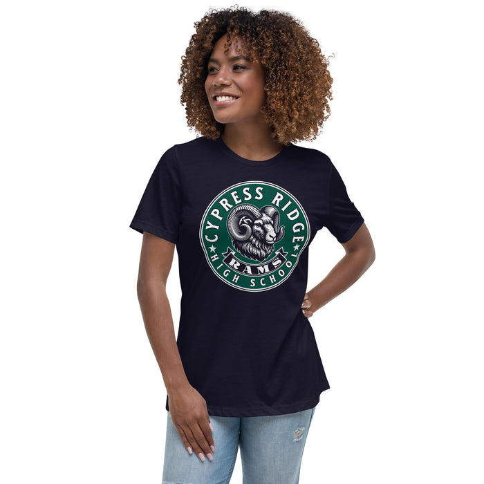 Woman wearing Cypress Ridge High School Rams Women's Navy T-shirt 215