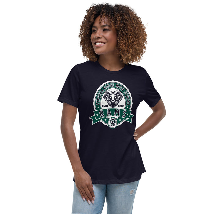 Woman wearing Cypress Ridge High School Rams Women's Navy T-shirt 212