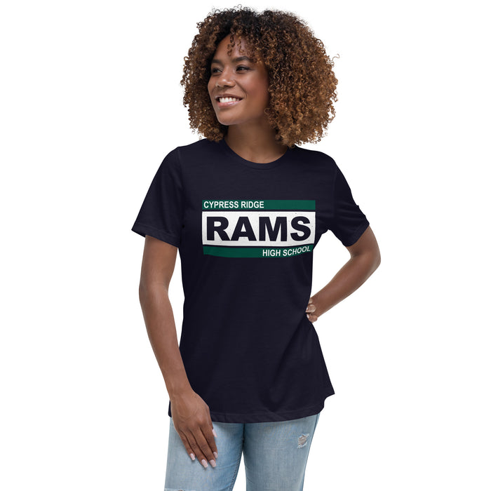 Woman wearing Cypress Ridge High School Rams Women's Navy T-shirt 098