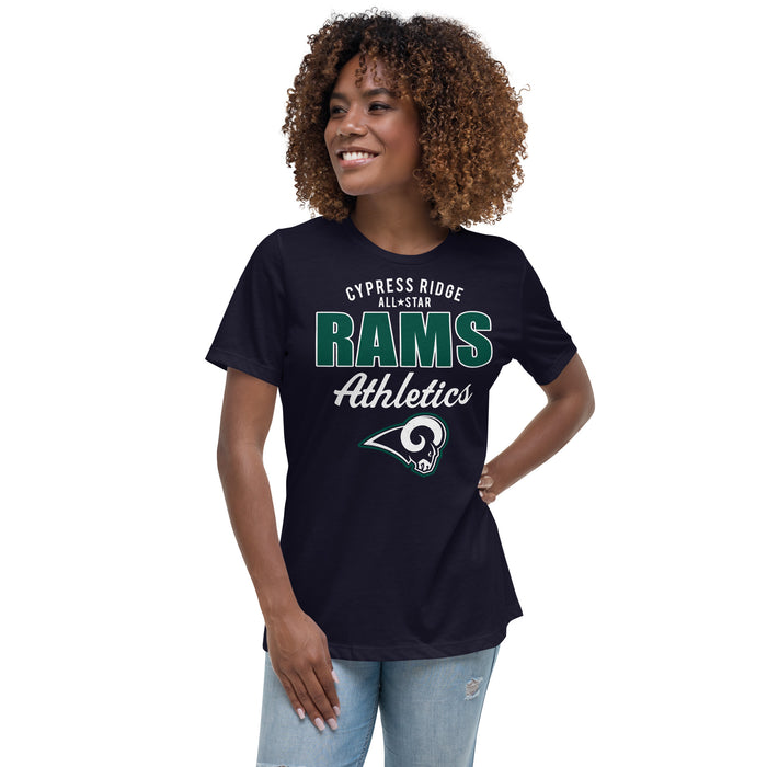 Woman wearing Cypress Ridge High School Rams Women's Navy T-shirt 034