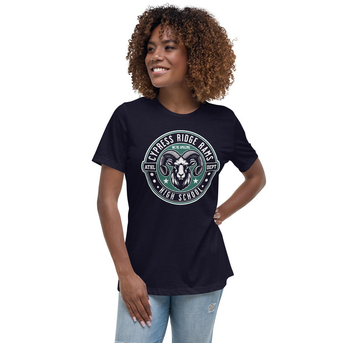 Woman wearing Cypress Ridge High School Rams Women's Navy T-shirt 224