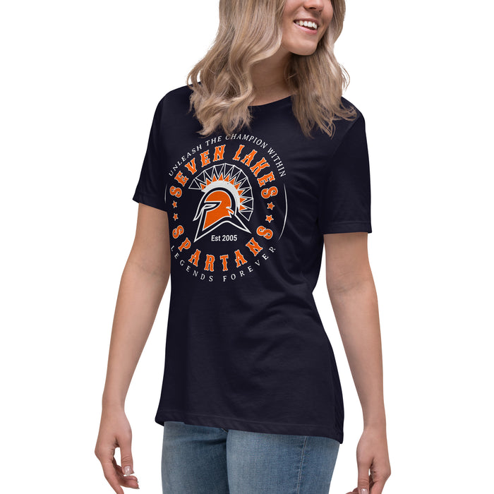 Side view of Seven Lakes High School Spartans Navy Women's T-shirt 214