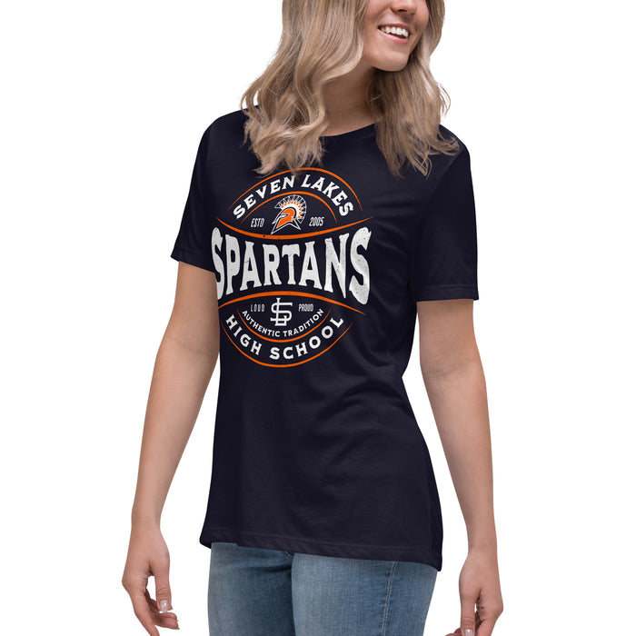 Side view of Seven Lakes High School Spartans Navy Women's T-shirt 218