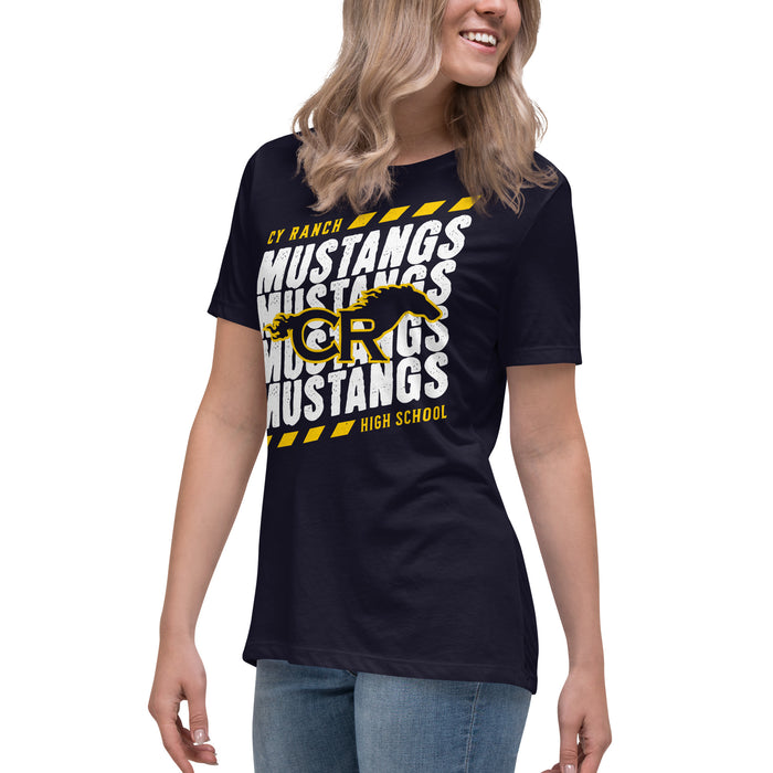 Side view of Cypress Ranch High School Mustangs Women's Navy T-shirt 223