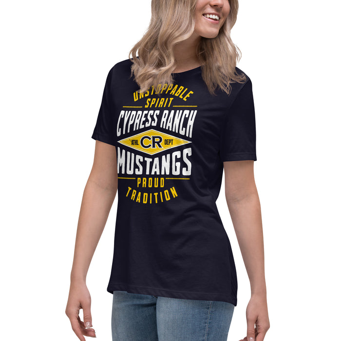 Side view of Cypress Ranch High School Mustangs Women's Navy T-shirt 210