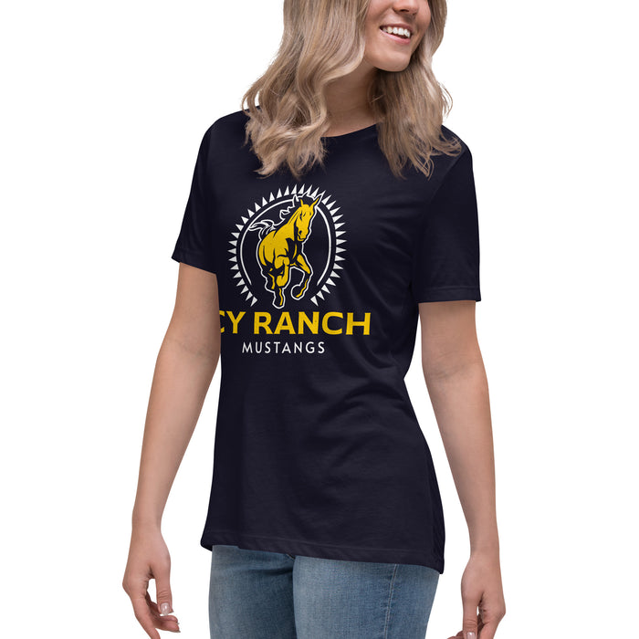 Side view of Cypress Ranch High School Mustangs Women's Navy T-shirt 226
