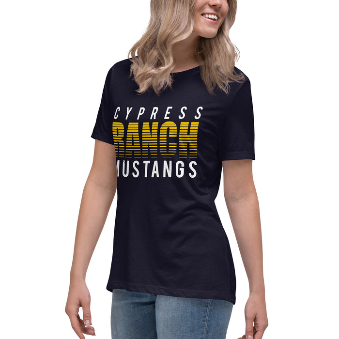 Side view of Cypress Ranch High School Mustangs Women's Navy T-shirt 024