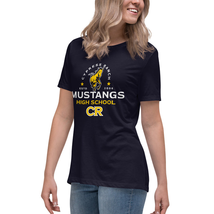 Side view of Cypress Ranch High School Mustangs Women's Navy T-shirt 222