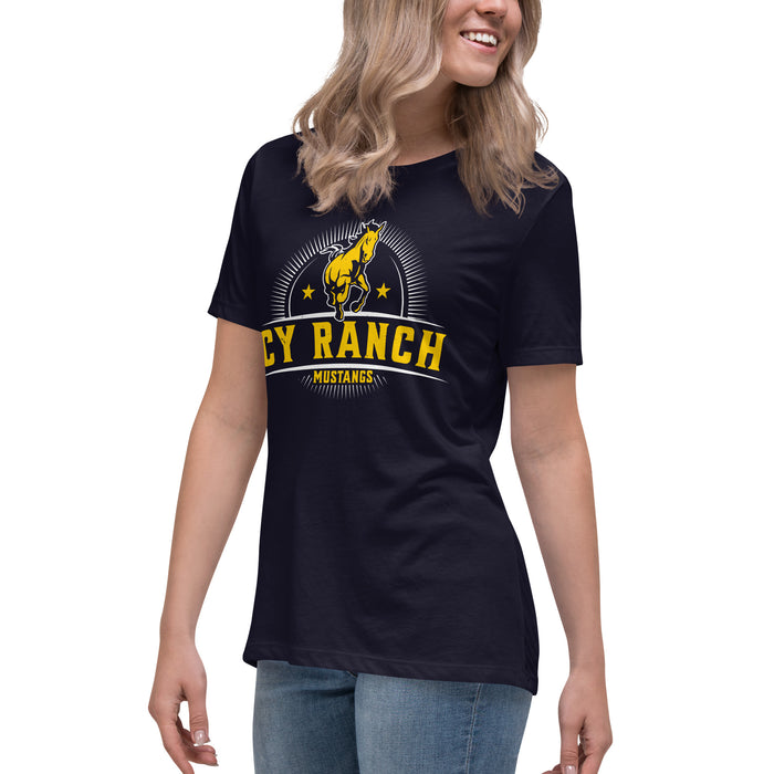 Side view of Cypress Ranch High School Mustangs Women's Navy T-shirt 221