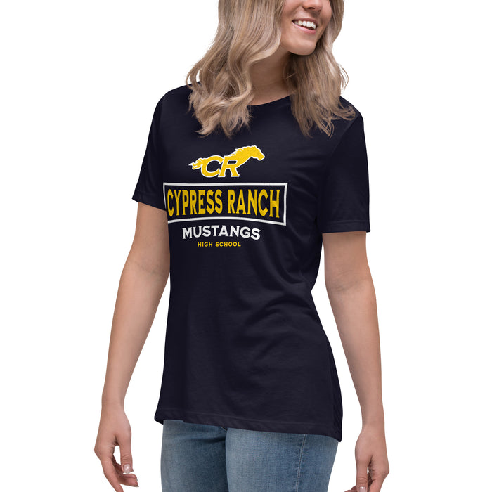 Side view of Cypress Ranch High School Mustangs Women's Navy T-shirt 202
