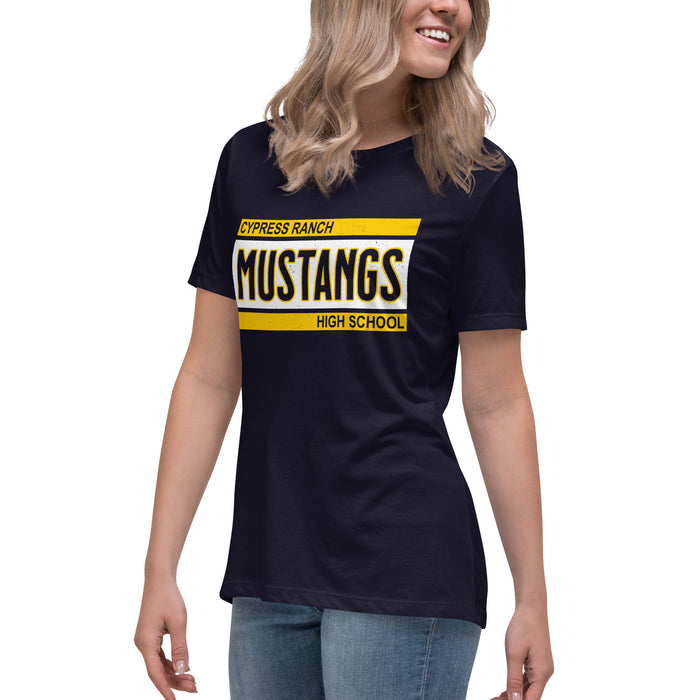 Side view of Cypress Ranch High School Mustangs Women's Navy T-shirt 098