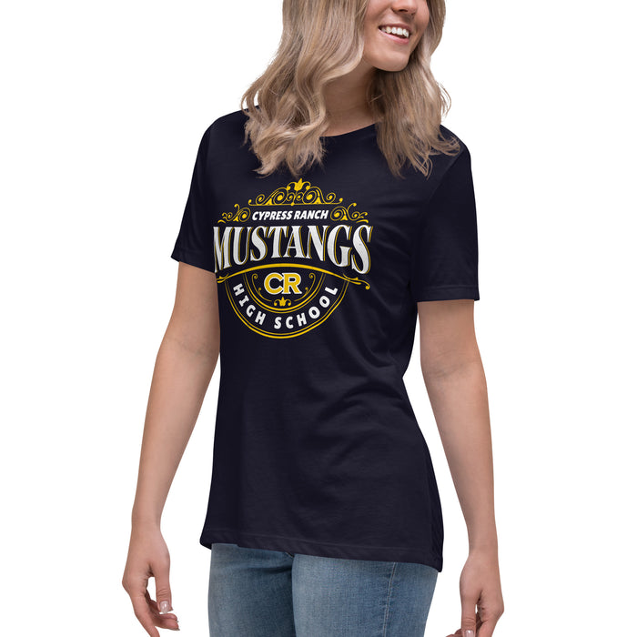 Woman wearing Cypress Ranch High School Mustangs Women's Navy T-shirt 211