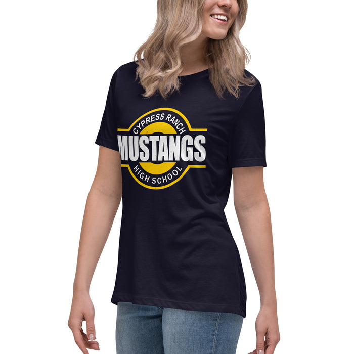 Side view of Cypress Ranch High School Mustangs Women's Navy T-shirt 011
