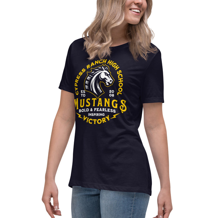 Side view of Cypress Ranch High School Mustangs Women's Navy T-shirt 206