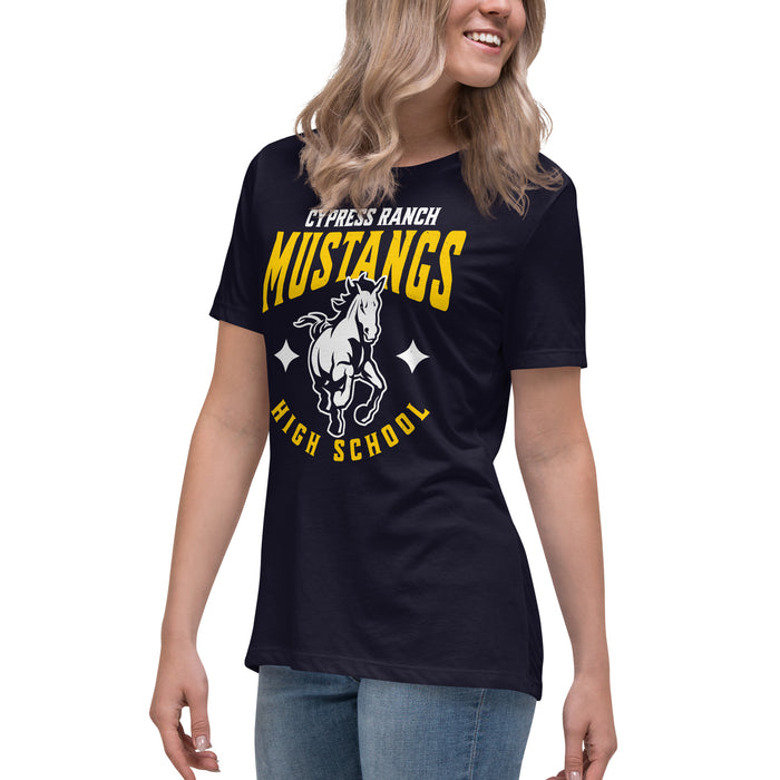 Side view of Cypress Ranch High School Mustangs Women's Navy T-shirt 213