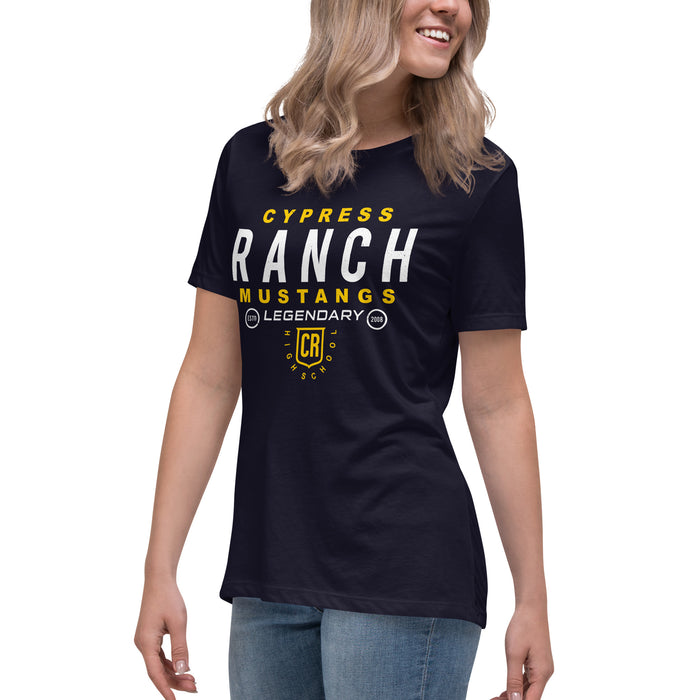 Side view of Cypress Ranch High School Mustangs Women's Navy T-shirt 003