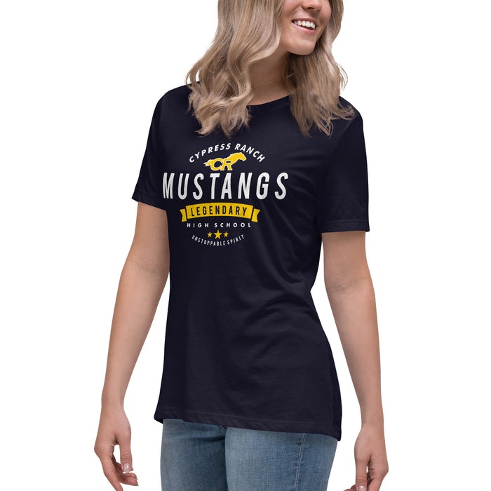 Woman wearing Cypress Ranch High School Mustangs Women's Navy T-shirt 044
