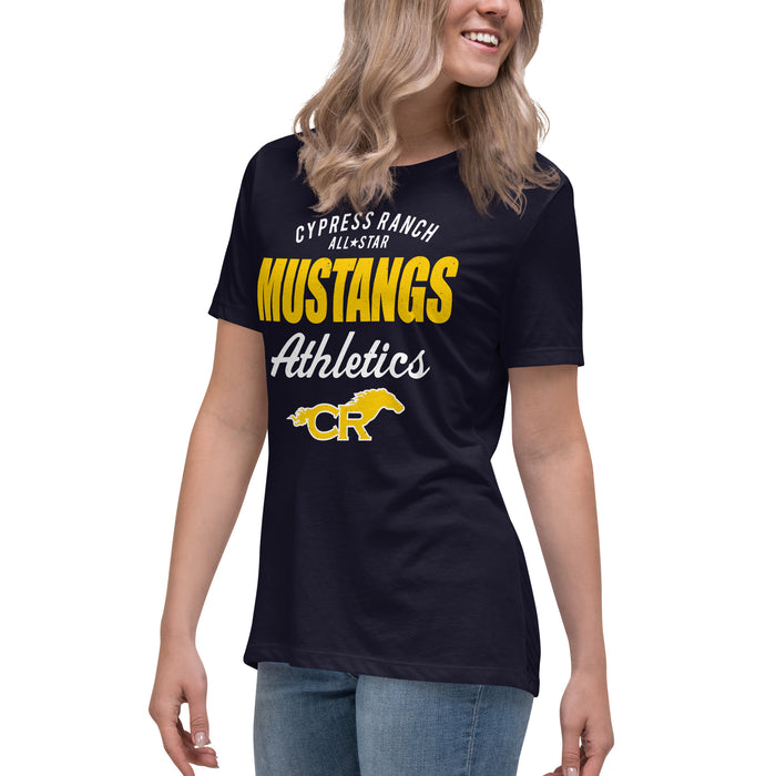 Side view of Cypress Ranch High School Mustangs Women's Navy T-shirt 034