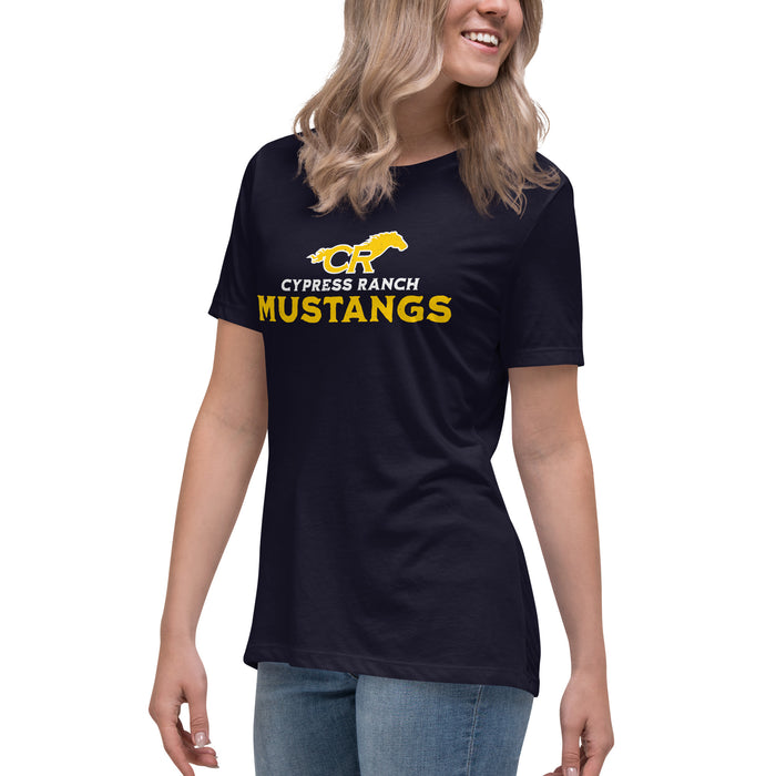Side view of Cypress Ranch High School Mustangs Women's Navy T-shirt 233