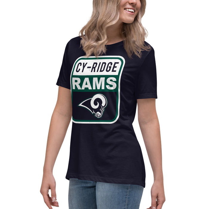 Side view of Cypress Ridge High School Rams Women's Navy T-shirt 001