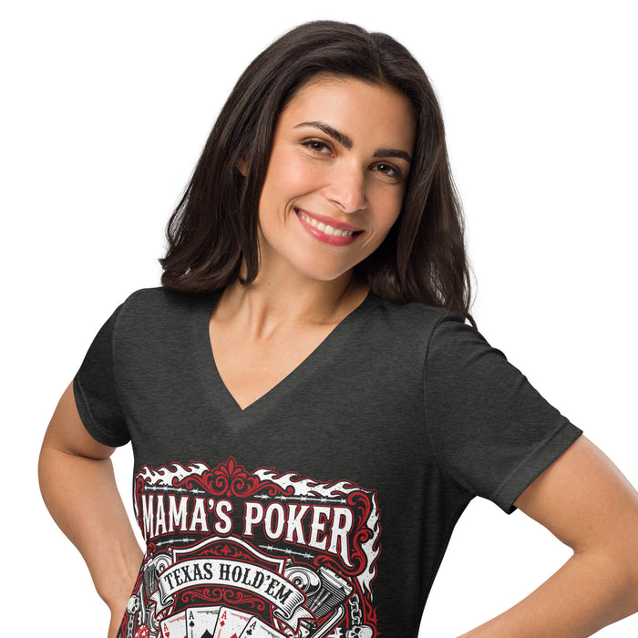 Woman wearing Mama's Poker Women's V-neck Relaxed Fit T-shirt 213 dark heather grey