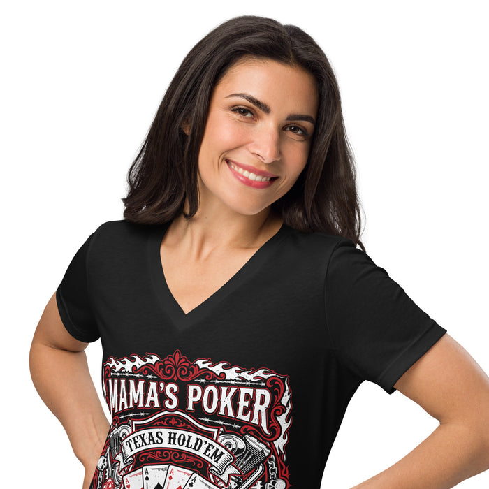 Woman wearing Mama's Poker Women's V-neck Relaxed Fit T-shirt 213 black