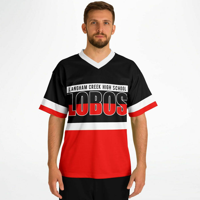 Man wearing Langham Creek Lobos football jersey