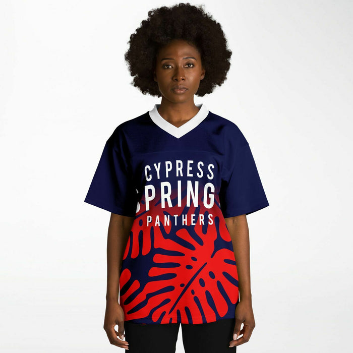 Black woman wearing Cypress Springs Panthers football Jersey