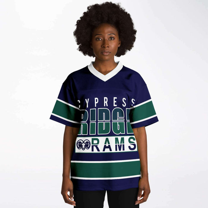 Black woman wearing Cypress Ridge Rams football Jersey