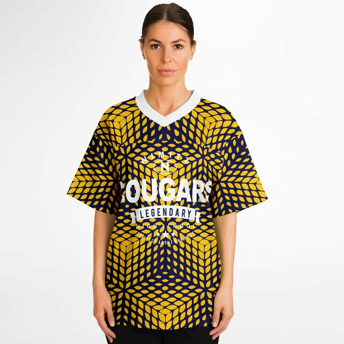 Women wearing Nimitz Cougars High School football jersey