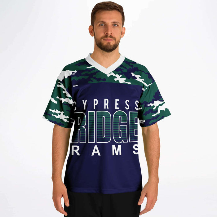 Man wearing Cypress Ridge Rams football jersey