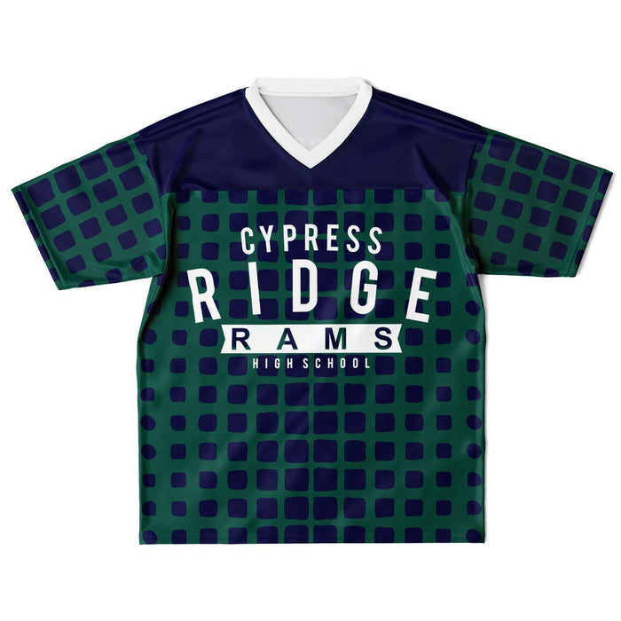 Cypress Ridge Rams football jersey laying flat - front 