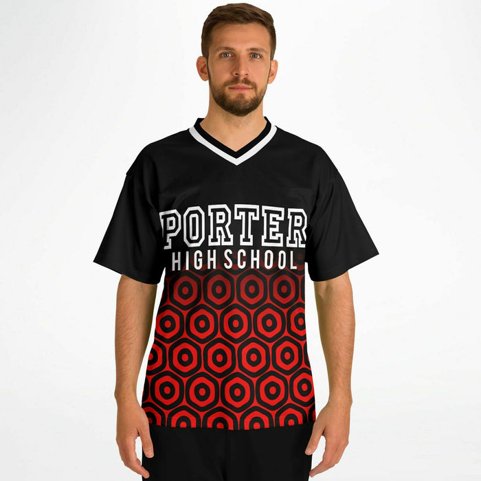 Man wearing Porter Spartans High School football jersey