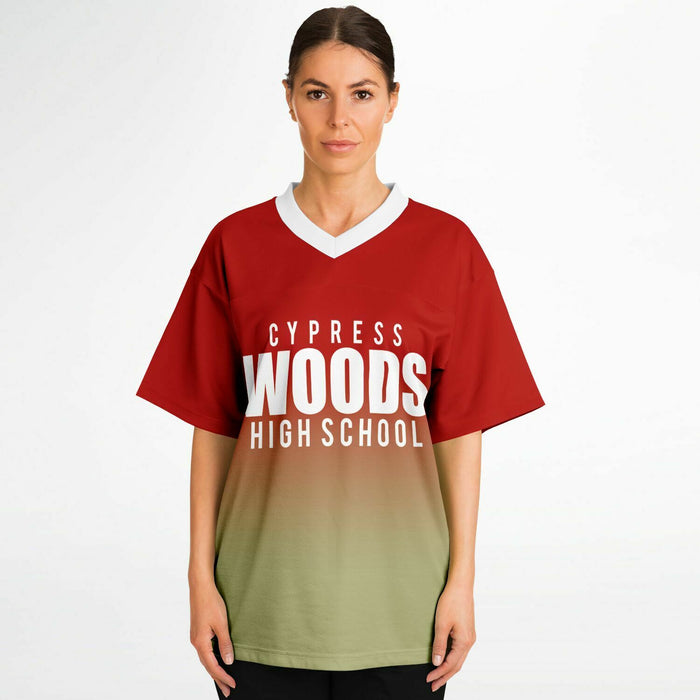 Women wearing Cypress Woods Wildcats football jersey 05