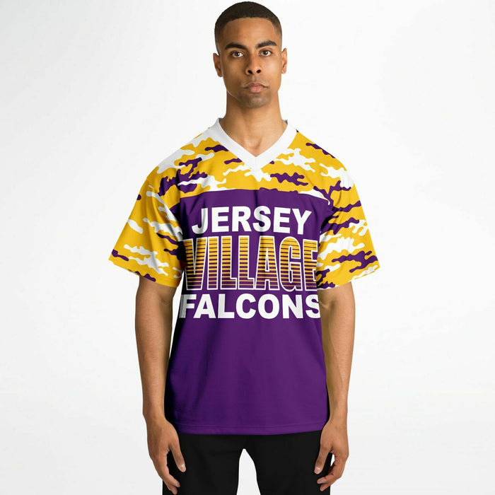 Black man wearing  Jersey Village Falcons football Jersey