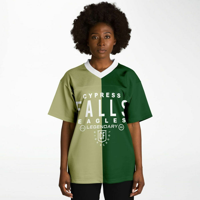 Black woman wearing Cypress Falls Eagles football Jersey 04