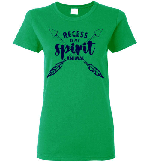 Irish Green Ladies Teacher T-shirt - Design 14 - Recess Is My Spirit Animal