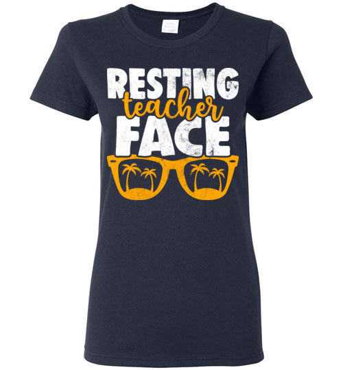 Navy Ladies Teacher T-shirt - Design 15 - Resting Teacher Face