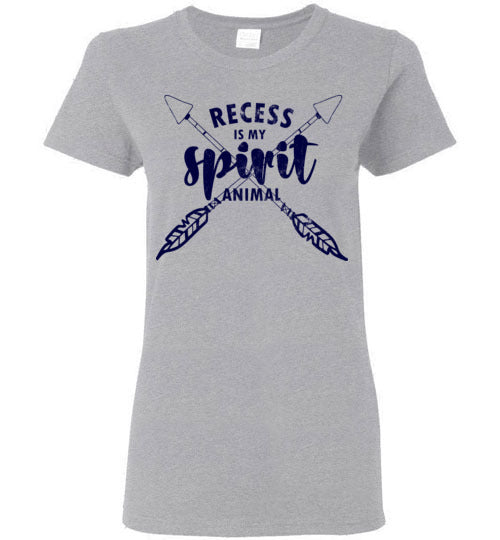 Sports Grey Ladies Teacher T-shirt - Design 14 - Recess Is My Spirit Animal