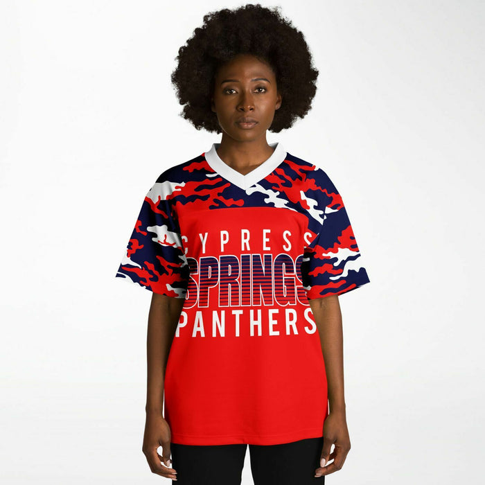 Black woman wearing Cypress Springs Panthers football Jersey