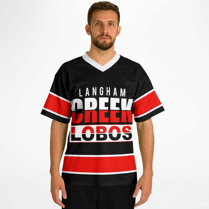 Man wearing Langham Creek Lobos football jersey