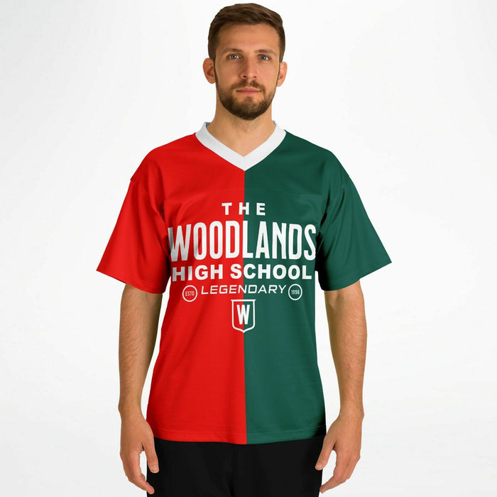 Man wearing The Woodlands Highlanders High School football jersey