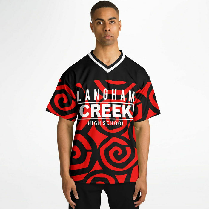 Black man wearing Langham Creek Lobos football Jersey