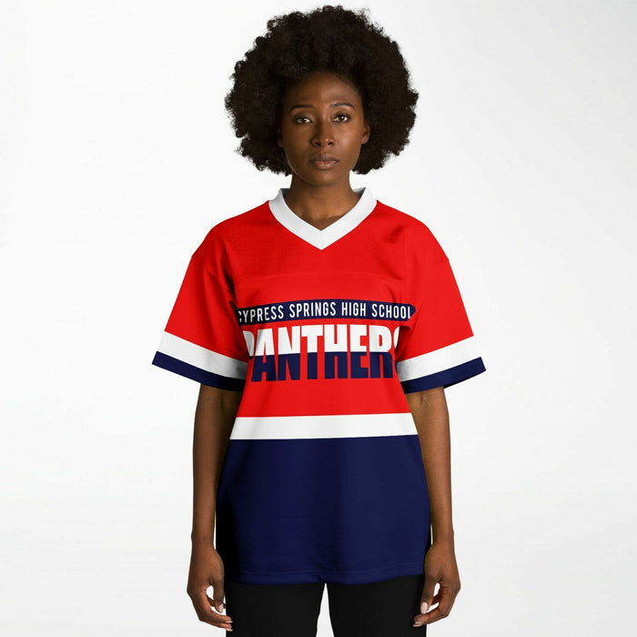 Black woman wearing Cypress Springs Panthers football Jersey