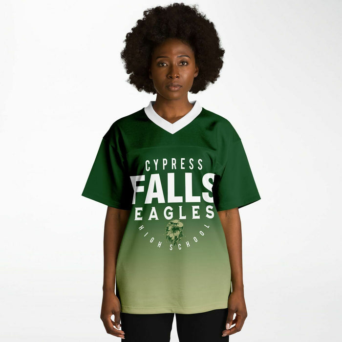 Black woman wearing Cypress Falls Eagles football Jersey 05