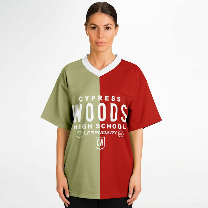 Women wearing Cypress Woods Wildcats football jersey 04