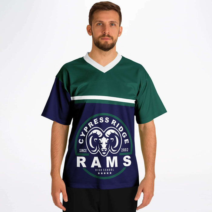 Man wearing Cypress Ridge Rams football jersey