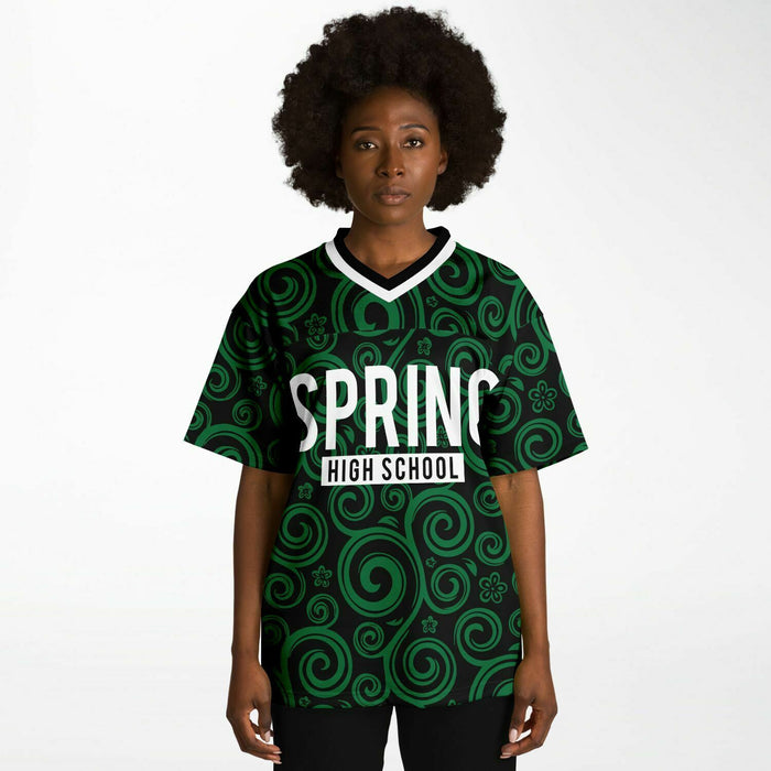 Black woman wearing Spring Lions High School football Jersey