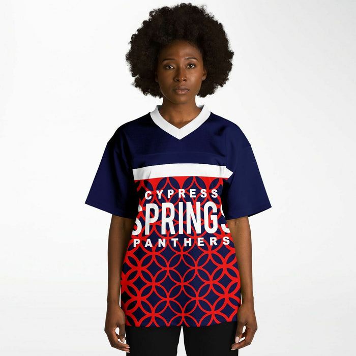 Black woman wearing Cypress Springs Panthers football Jersey